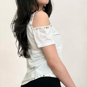 PARTYSU® WOMEN’S VINTAGE SOLID EMBELLISHED STUDDED CUT-OUT TOP.